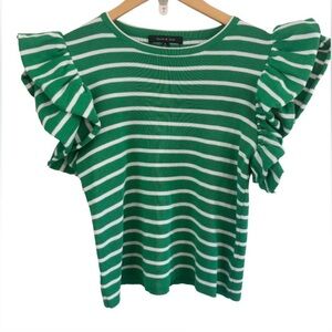 Strut & Bolt kelly grn & wht strp fluttr slv crop swtr WM M preppy colorful